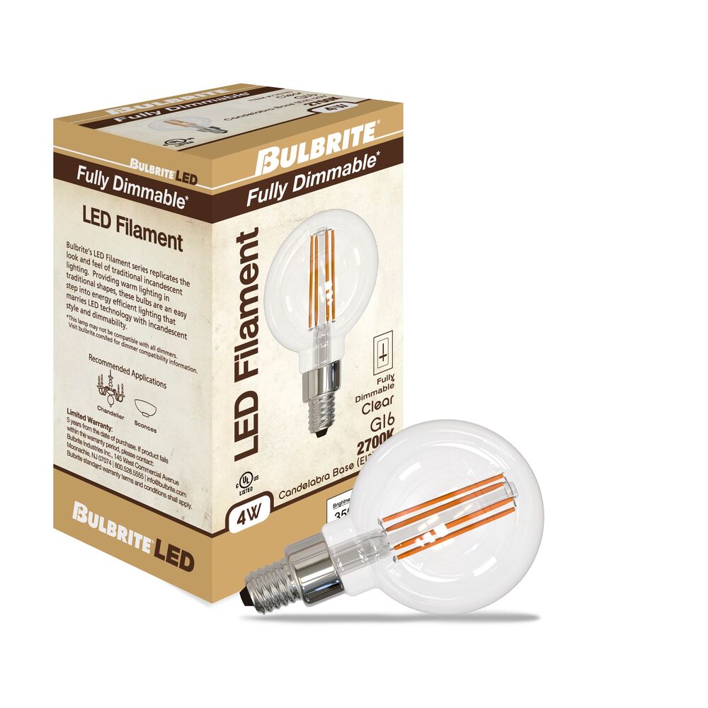 776743 - Filaments Dimmable G16 Clear Candelabra Base LED Light Bulb - 4 Watt - 2700K - 4 Pack