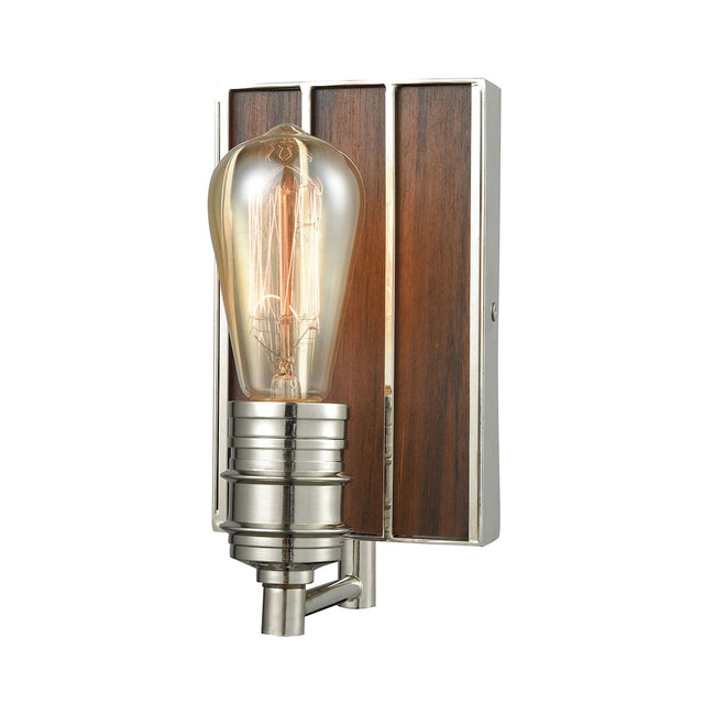 16430/1 - Brookweiler 4" Wide 1-Light Sconce - Polished Nickel with Dark Wood Backplate