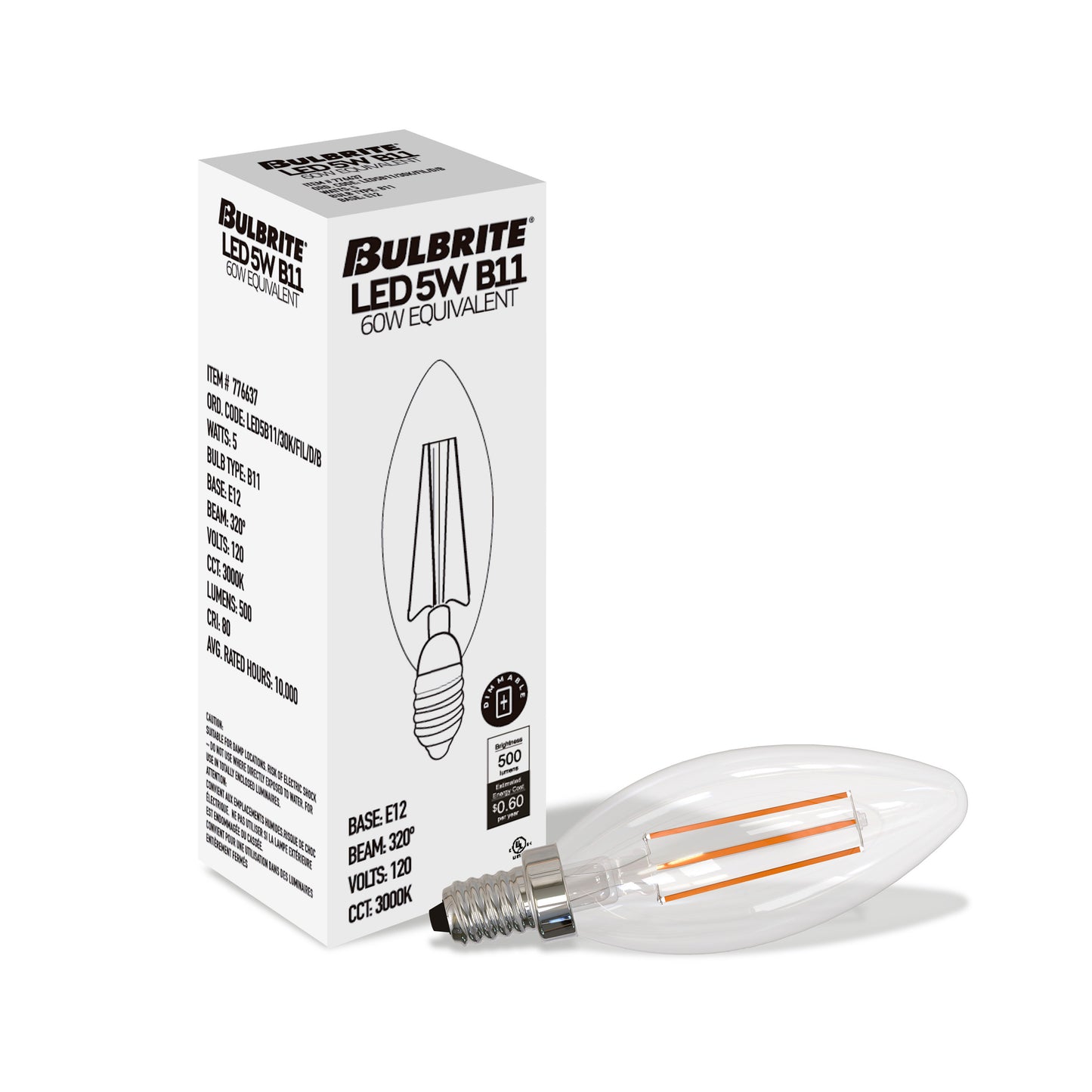 776637 - Filaments Dimmable Clear B11 Candelabra LED Light Bulb - 5 Watt - 3000K - 4 Pack