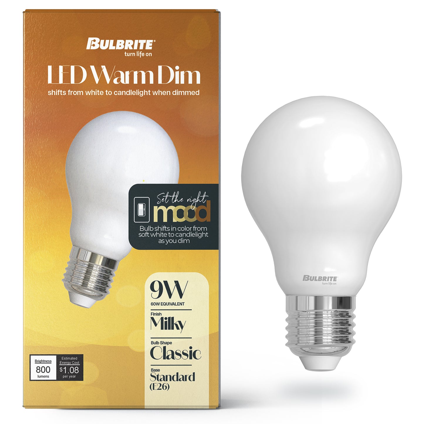 776400 - Warm Dim LED A19 Light Bulbs - 3000K to 1800K Color Temp Dimming - 2 Pack