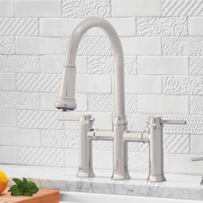 443273 - Empressa Pull-Down Dual-Spray Bridge Faucet - Satin Platinum