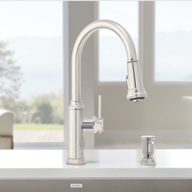 443245 - Empressa High Arc Pull-Down Dual-Spray Kitchen Faucet - Satin Platinum