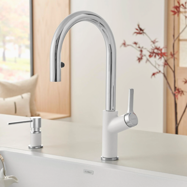 526391- Urbena Pull-Down Dual-Spray Kitchen Faucet - Chrome/White