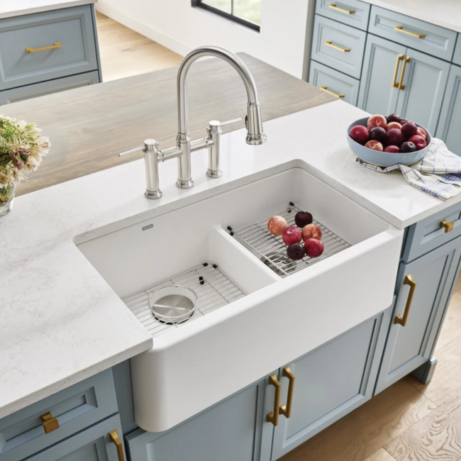 443078 - Ikon SILGRANIT 33" Double Bowl Apron-Front Farmhouse Sink with Low Divide - Soft White