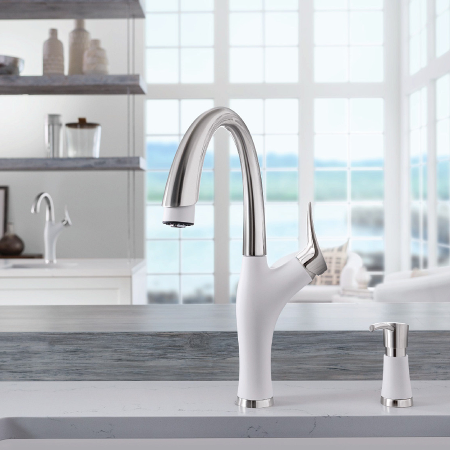 443040 - Artona Pull-Down Dual-Spray Kitchen Faucet - PVD Steel/Soft White