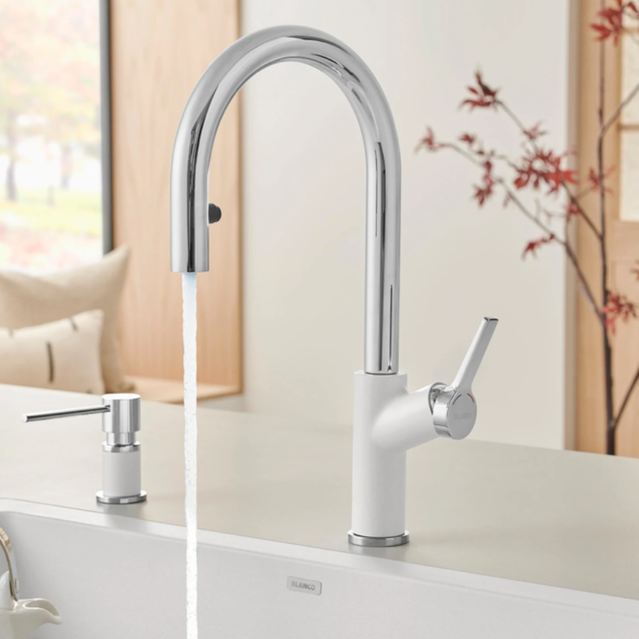 526391- Urbena Pull-Down Dual-Spray Kitchen Faucet - Chrome/White