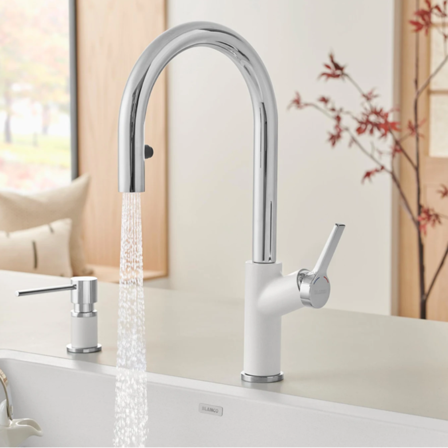 526391- Urbena Pull-Down Dual-Spray Kitchen Faucet - Chrome/White