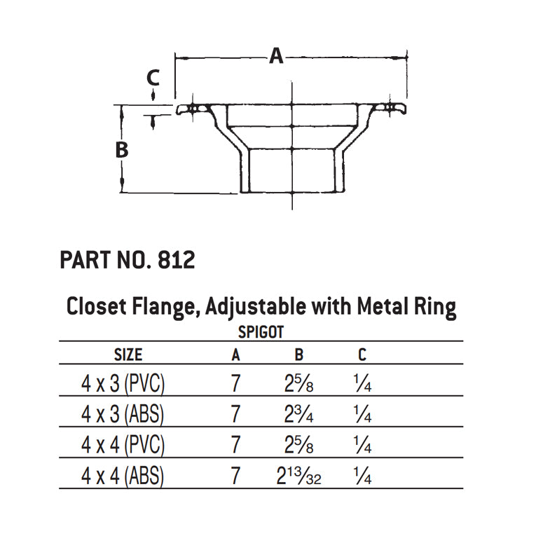 812 - 4" x 3" Spigot ABS Closet Flange with Adjustable Metal Ring