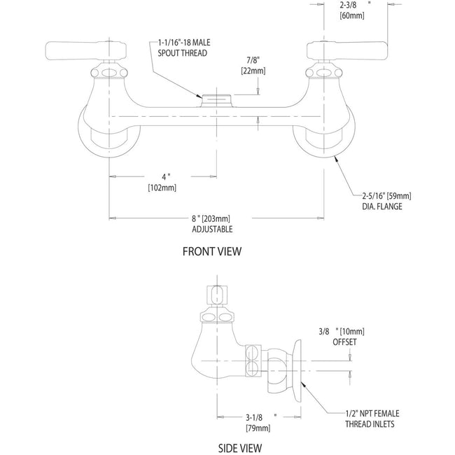 540-LDLESAB - Wall Mounted Manual Faucet with Adjustable Centers - Less Spout - Chrome