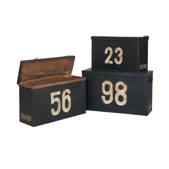 2015518S - Antique Tin Boxes In Signature Black With White Graphics - Set of 3