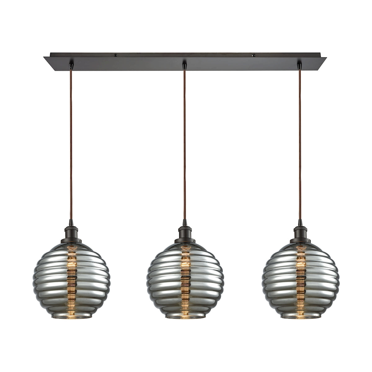 56550/3LP - Ridley 3-Light Linear Pendant Fixture in Oil Rubbed Bronze with Smoke-plated Beehive Gla