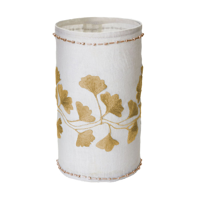 625039 - Ginkgo Votive in White Linen with Gold Stitching and Glass Beads - Large