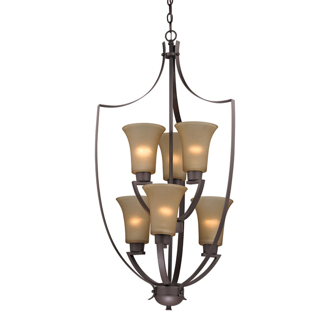 7706FY/10 - Foyer 6-Light Chandelier in Oil Rubbed Bronze with Light Amber Glass