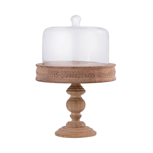 CLOCH009 - Mango Carved Stand with Cloche in Natural