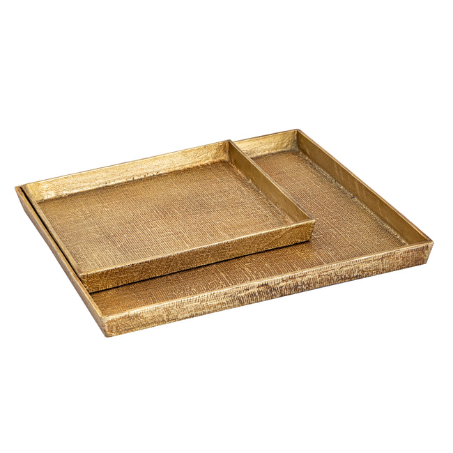 H0807-10664/S2 - Square Linen Texture Tray - Set of 2 Brass