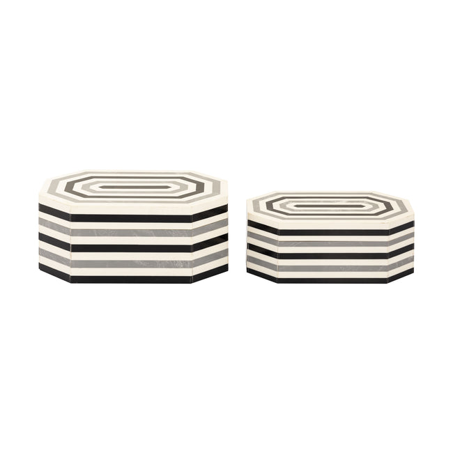 H0807-9768/S2 - Octagonal Striped Box - Set of 2 White