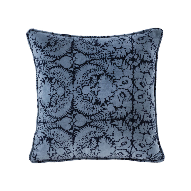 PLW038 - Blue Patterned 20x20 Hand-Printed Reversible Pillow in 100% Cotton Velvet