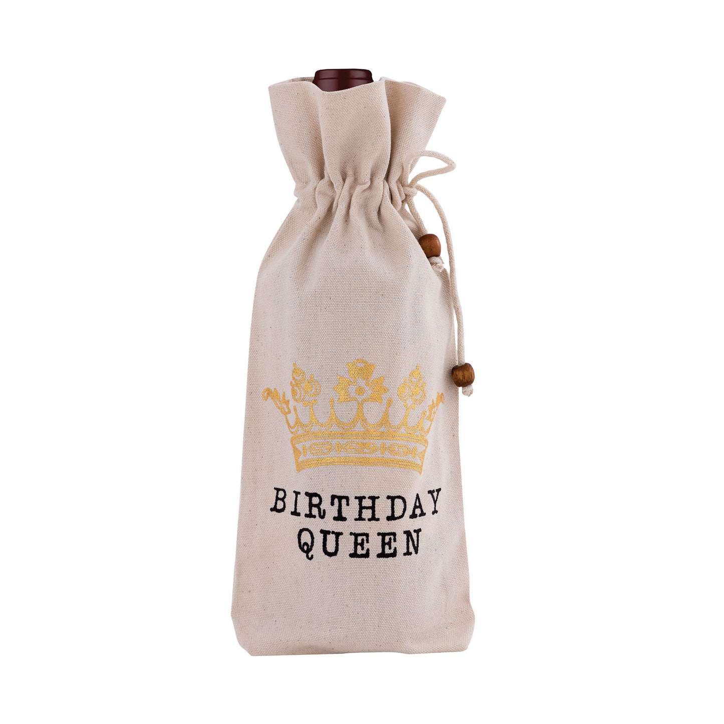 WBAG013 - Birthday Queen 6x13 Wine Bag in Unbleached Natural Cotton Duck with Gold and Black Print