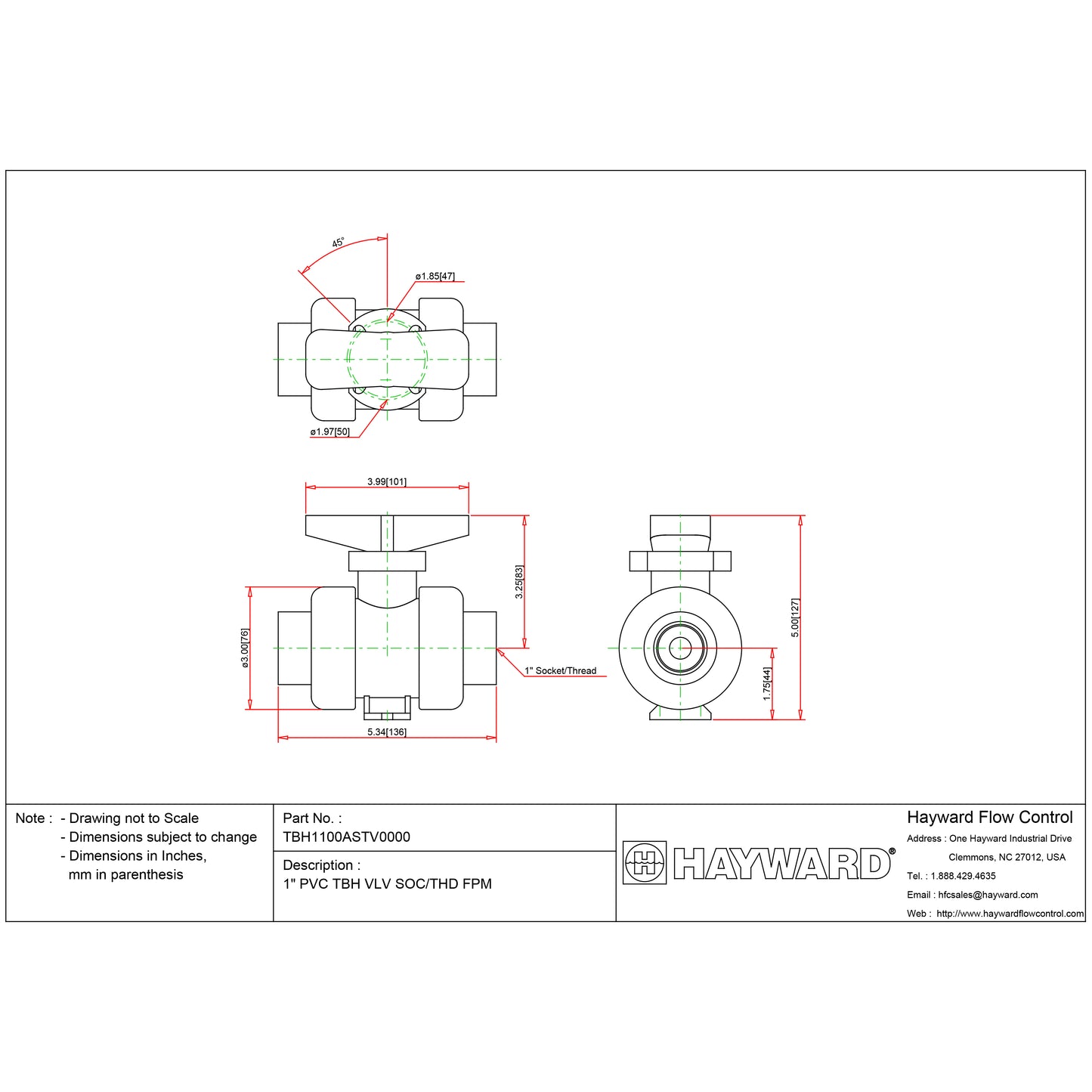 1" PVC TBH Series Ball Valve Socket or Threaded Ends - FPM Seals