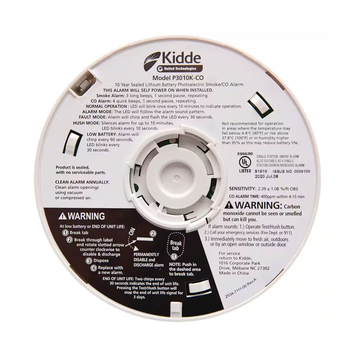 P3010K-CO - Worry-Free Kitchen Sealed Lithium Battery Power Smoke & Carbon Monoxide CO Alarm