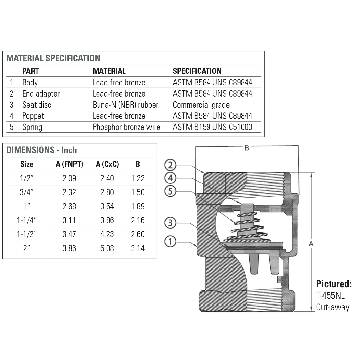 105-465NL - 1" No Lead Bronze In-Line Spring Check Valve - Sweat x Sweat