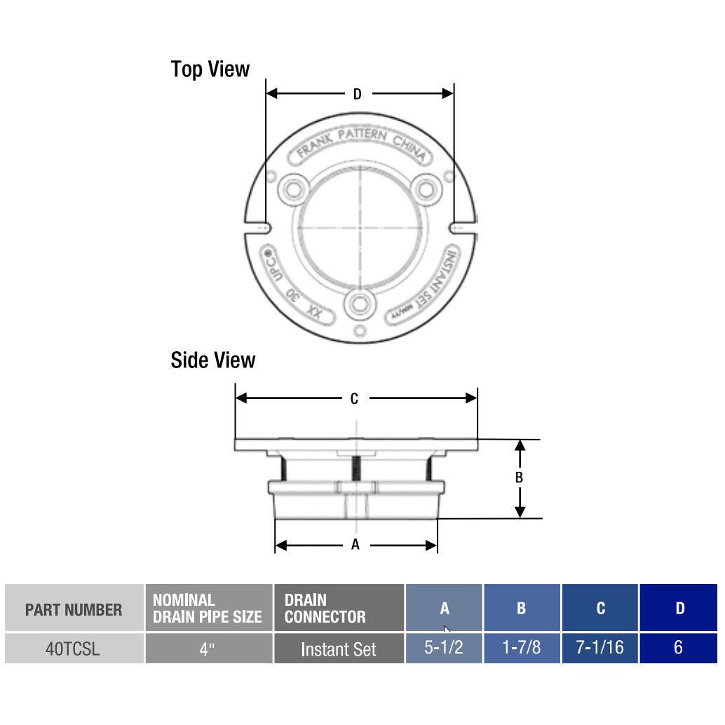 40TCSL - 4" x 2" Cast Iron Slotted Closet Flange with Test Cap - Frank Pattern