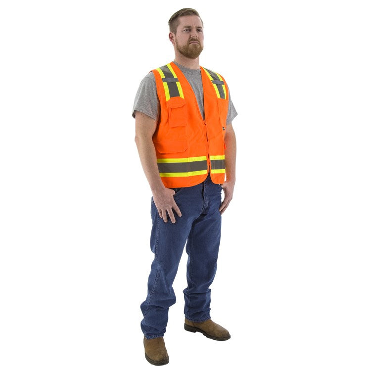 High Visibility Orange Surveyors Vest - Two-Tone DOT Striping