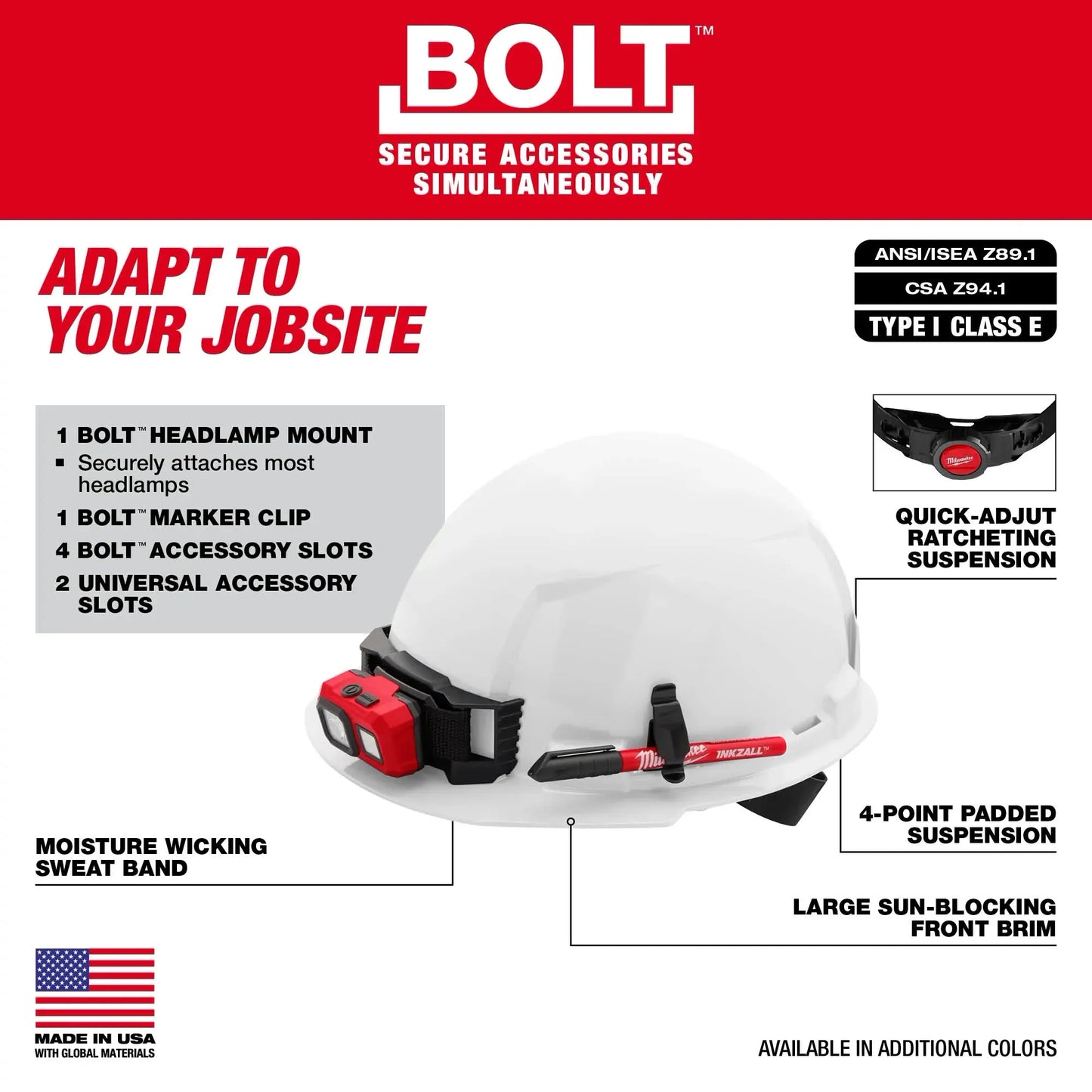 48-73-1200 - Bolt White Front Brim Vented Hard Hat W/4Pt Ratcheting Suspension - Usa - Type 1, Class