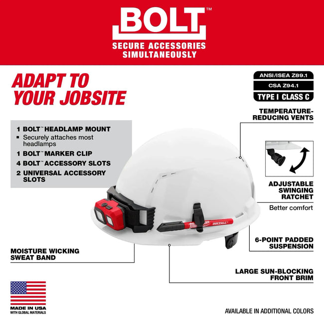 48-73-1234 - Bolt Gray Front Brim Vented Hard Hat W/6Pt Ratcheting Suspension - Usa - Type 1, Class