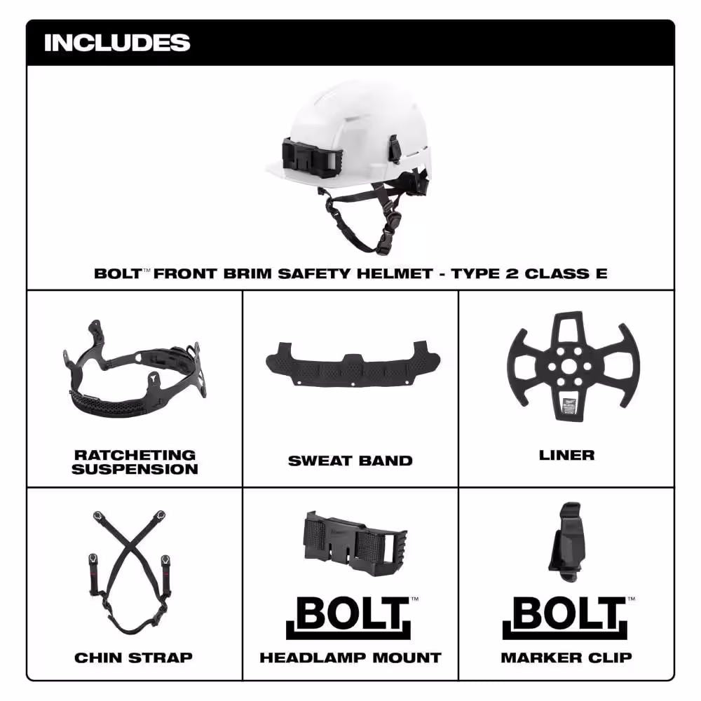 48-73-1321 - Bolt White Front Brim Safety Helmet - Type 2 Class E