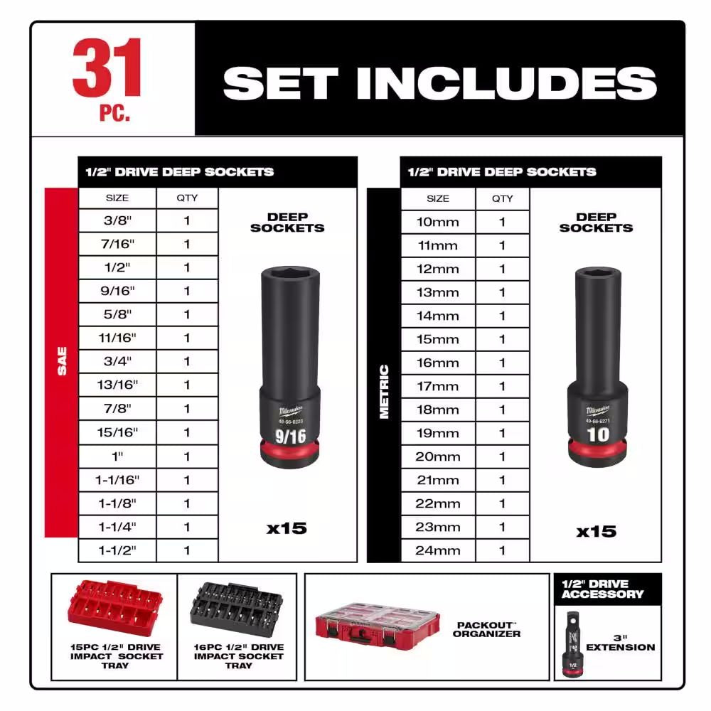 49-66-6806 - SHOCKWAVE Impact Duty Socket 1/2" Drive 31-Piece Packout Set