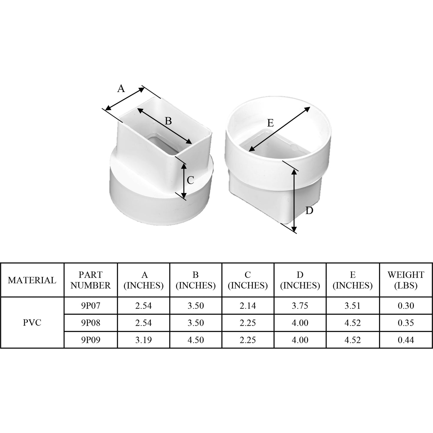 9P09 - PVC Downspout Adapter - 3" x 4" Downspout x 4" DWV / SCH40 Hub