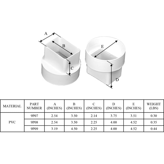 9P09 - PVC Downspout Adapter - 3" x 4" Downspout x 4" DWV / SCH40 Hub