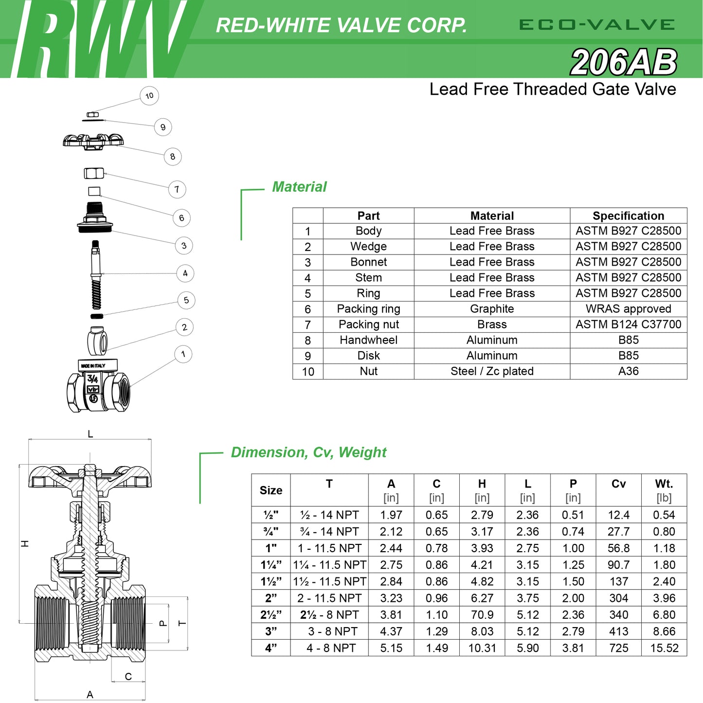 206AB - Lead Free Brass Gate Valve - 2" FNPT