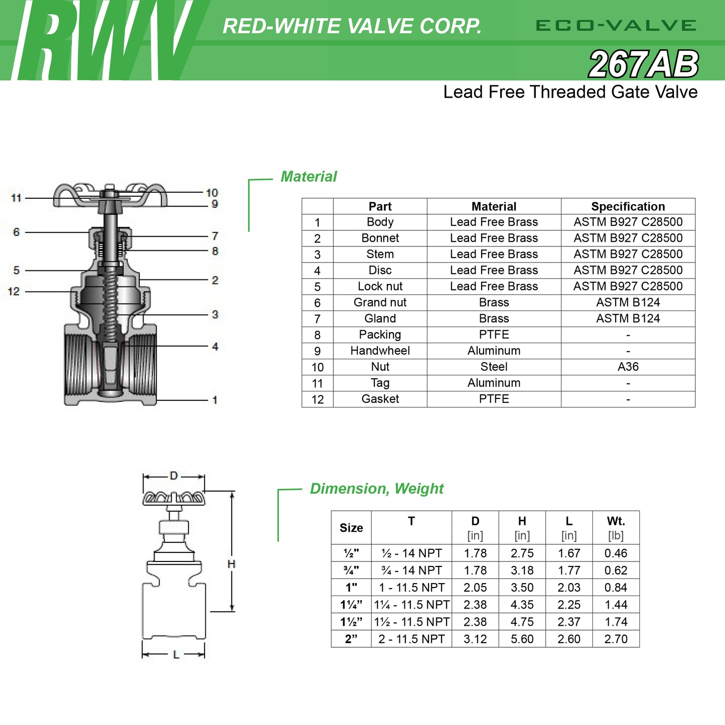 RW267AB-1 - Lead Free Brass Gate Valve - 1" FNPT