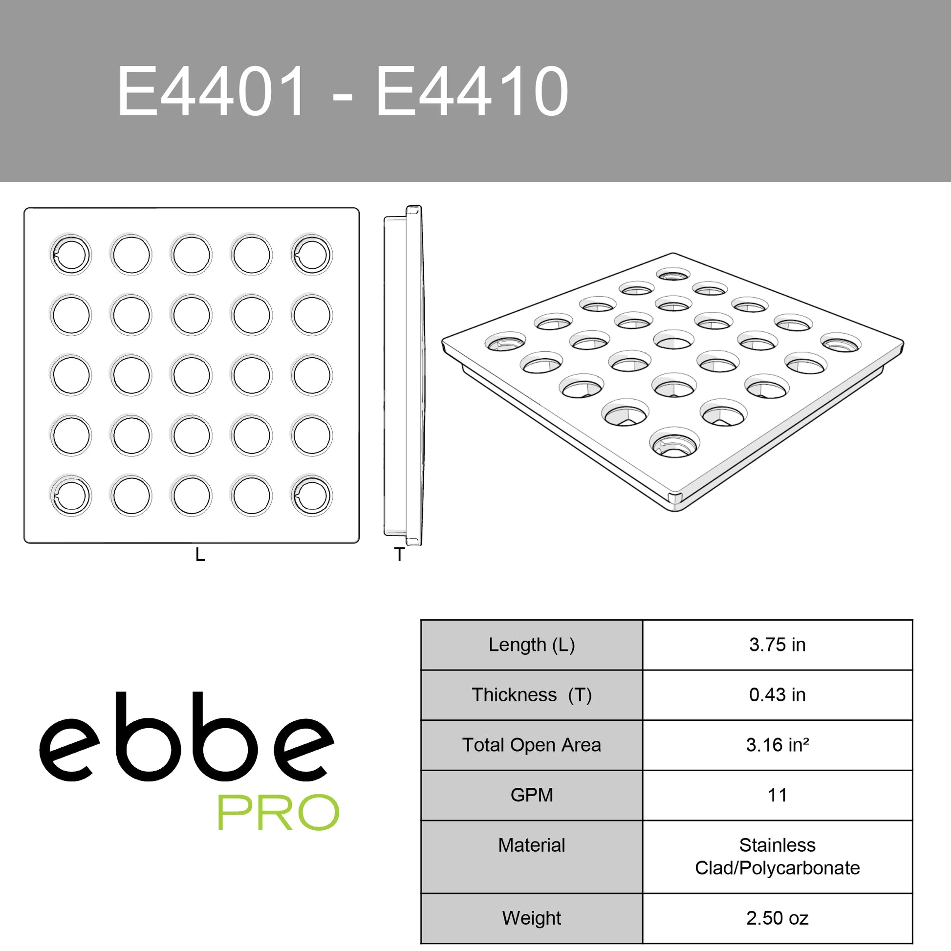Ebbe E4410 Square Shower Drain Grate, Satin Nickel